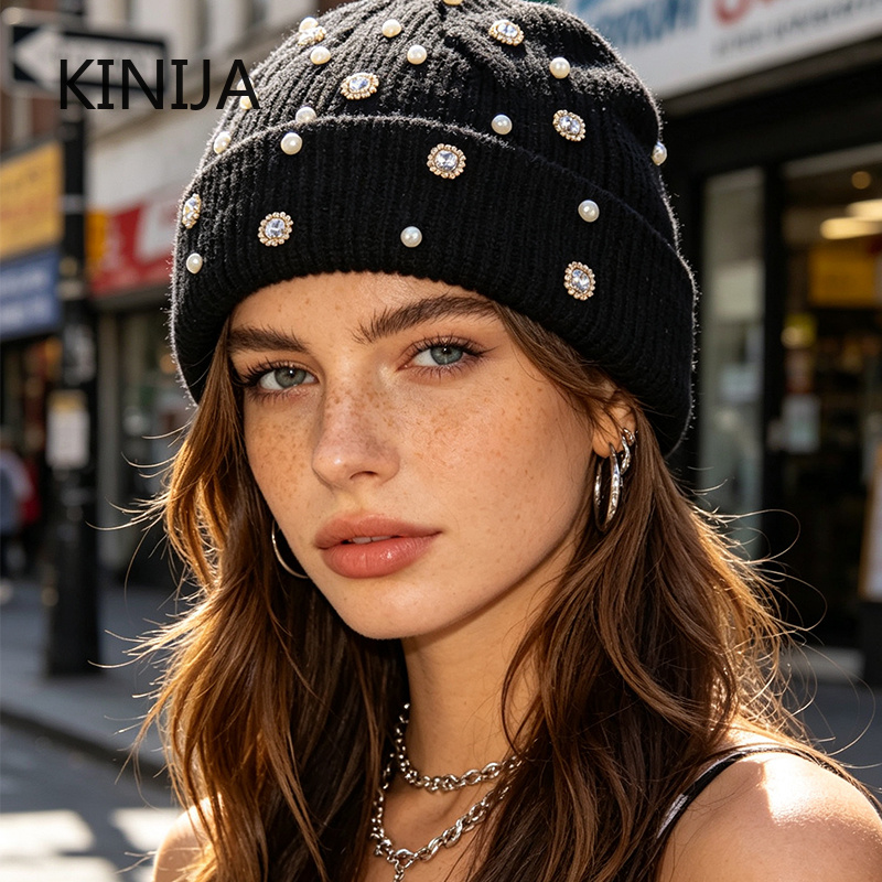 Beanie Cuffed Knit - Winter gebreide beanie muts met parel-