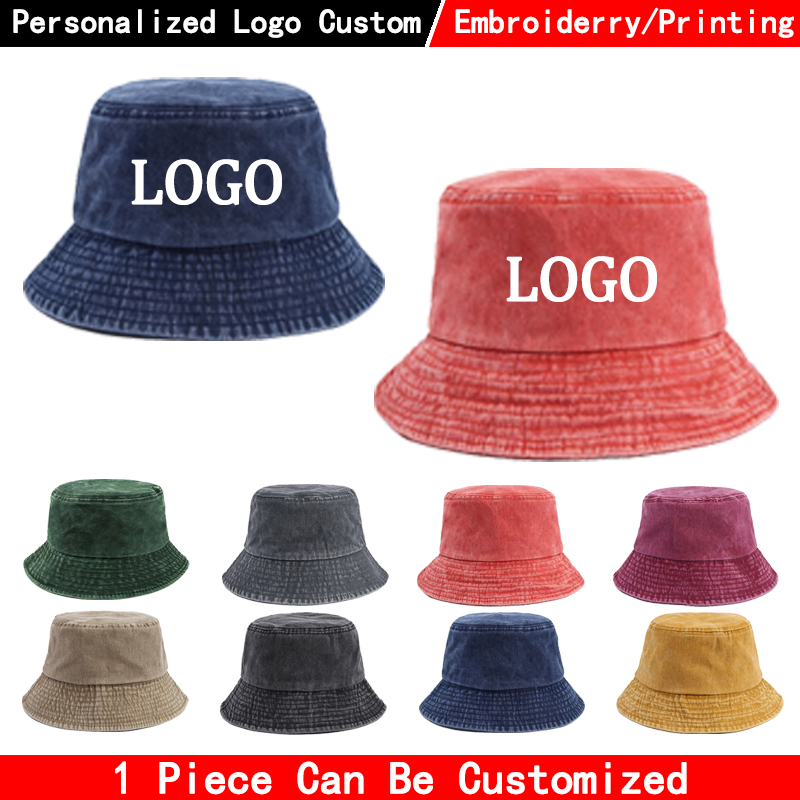 Bucket Hat Cotton - Denim bucket hat met custom logo,